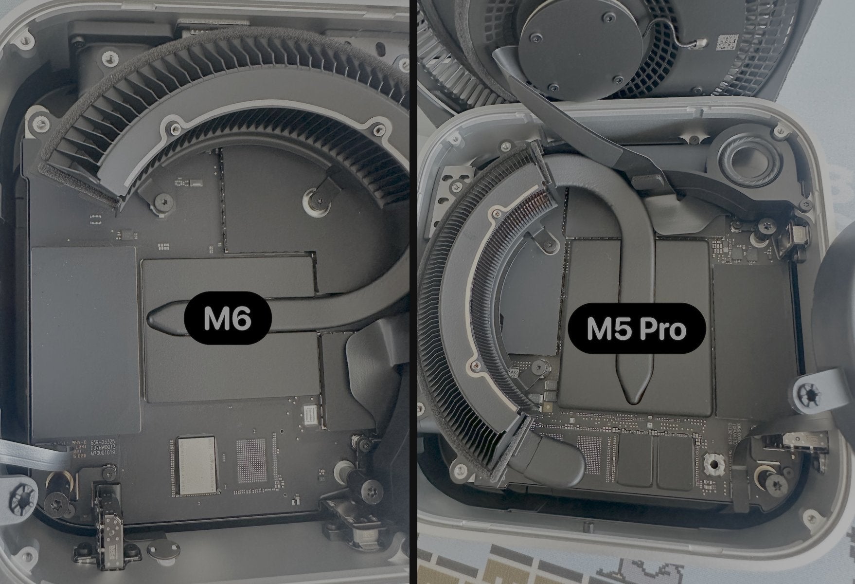 Mac mini M6 and M5 Pro opened up side by side, storage soldered to the logic board